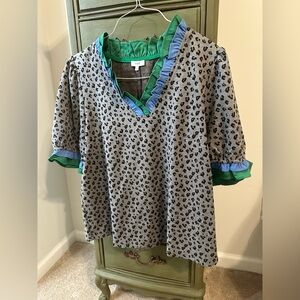 Leopard Print Blouse with Green and Blue Accents